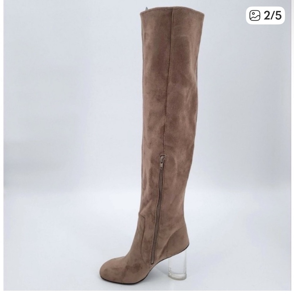 Jeffrey Campbell over-the-knee boots. Taupe. Lucite heels. Excellent condition